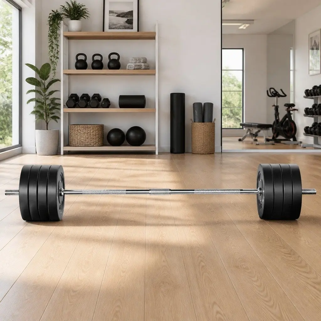 Barbell Set Steel 168cm Black Weight Plates Home Gym Equipment