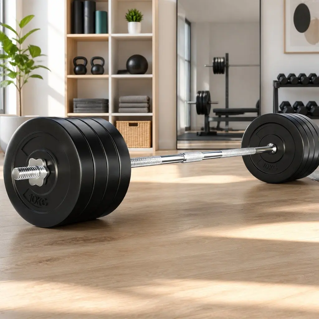 Barbell Set Steel 168cm Black Weight Plates Home Gym Equipment