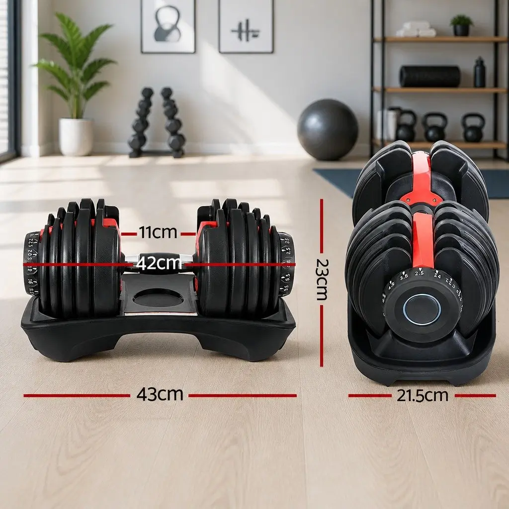 24kg Adjustable Dumbbell Set Weight Training Steel Black and Red 2 Pieces with Holders