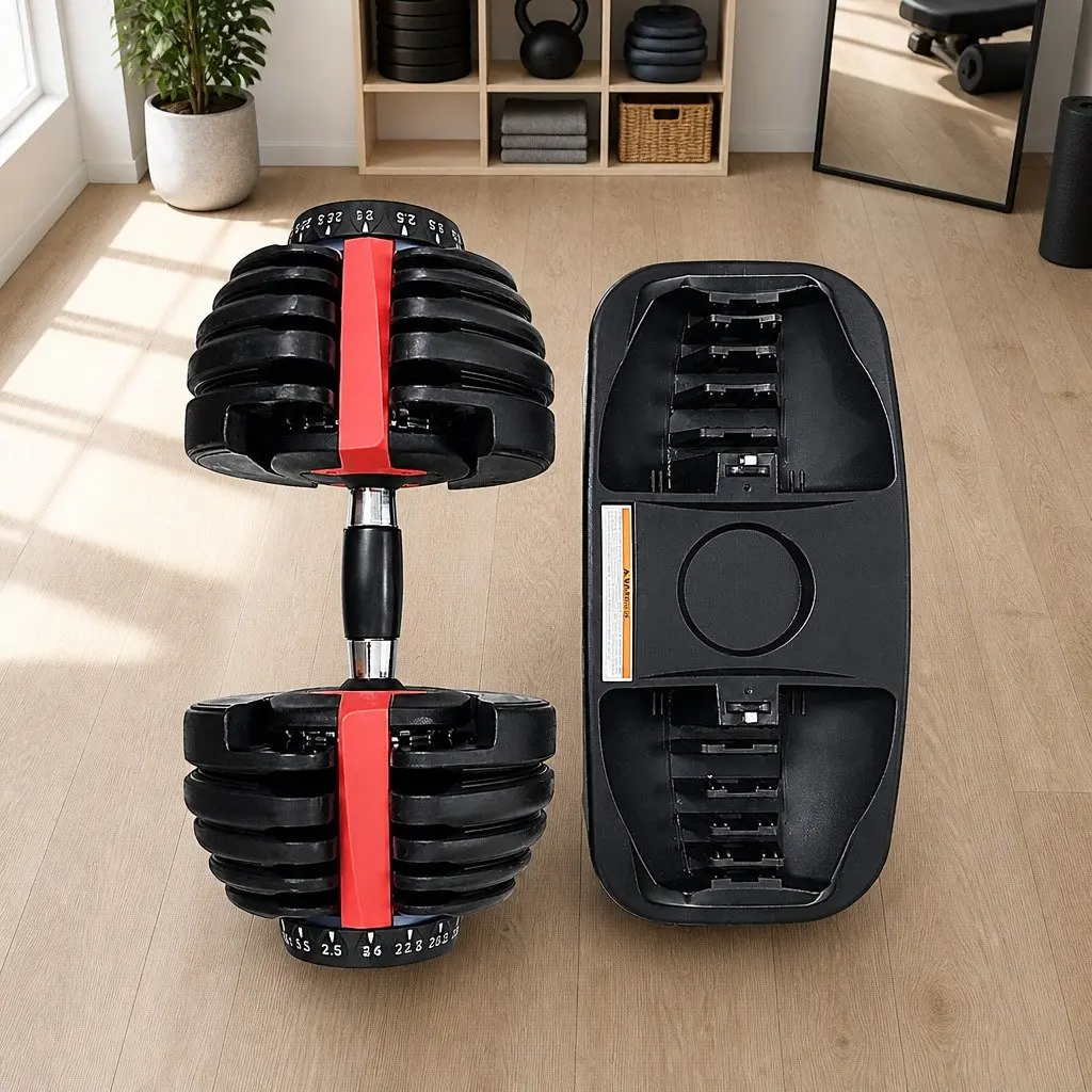 24kg Adjustable Dumbbell Set Weight Training Steel Black and Red 2 Pieces with Holders