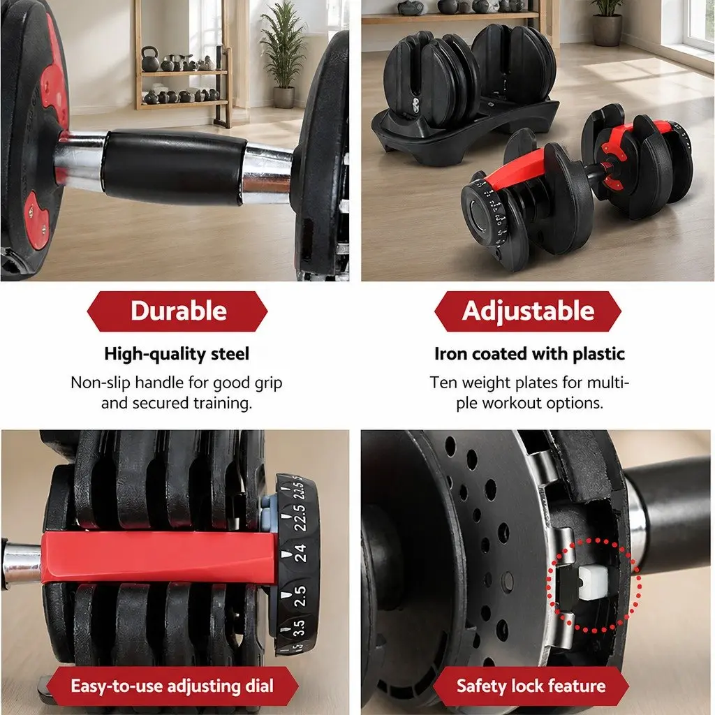 24kg Adjustable Dumbbell Set Weight Training Steel Black and Red 2 Pieces with Holders