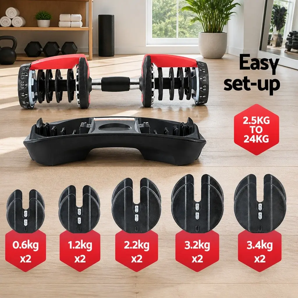 24kg Adjustable Dumbbell Set Weight Training Steel Black and Red 2 Pieces with Holders