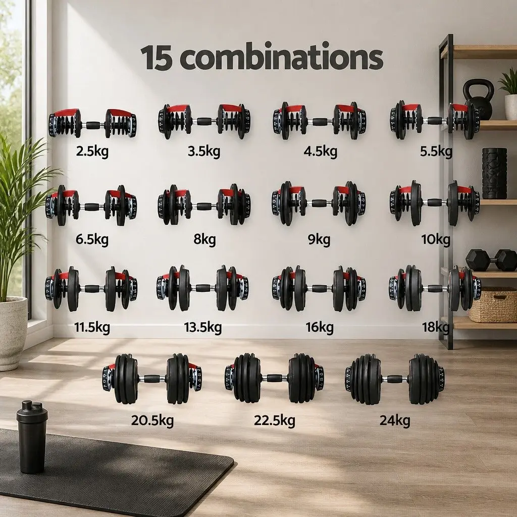 24kg Adjustable Dumbbell Set Weight Training Steel Black and Red 2 Pieces with Holders