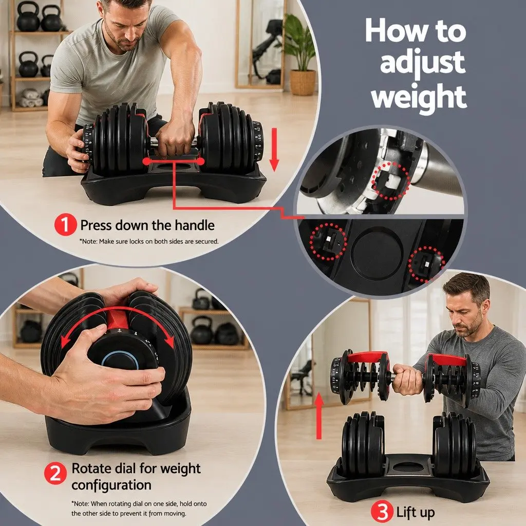 24kg Adjustable Dumbbell Set Weight Training Steel Black and Red 2 Pieces with Holders