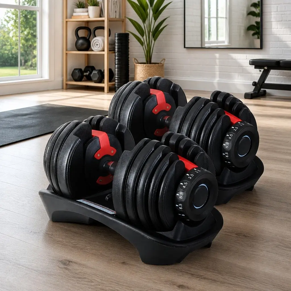 24kg Adjustable Dumbbell Set Weight Training Steel Black and Red 2 Pieces with Holders