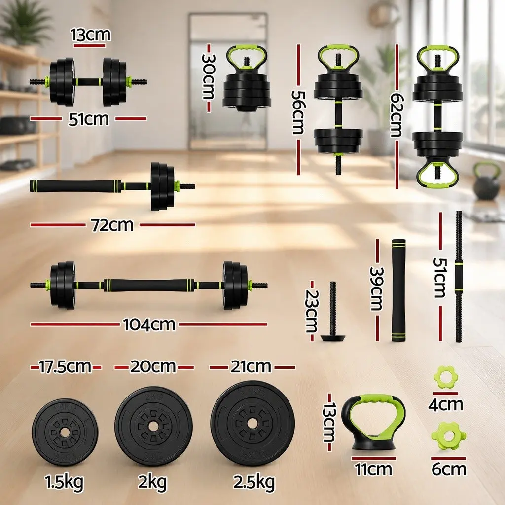 25kg Adjustable Dumbbell Barbell Kettlebell Weight Plates Set Black Green