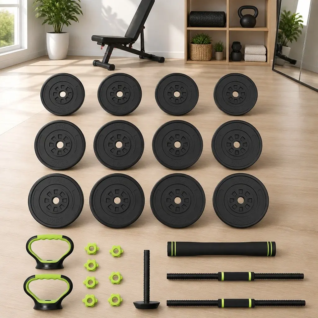 25kg Adjustable Dumbbell Barbell Kettlebell Weight Plates Set Black Green