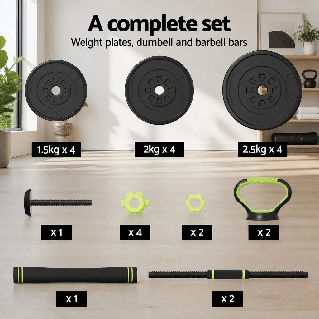 25kg Adjustable Dumbbell Barbell Kettlebell Weight Plates Set Black Green