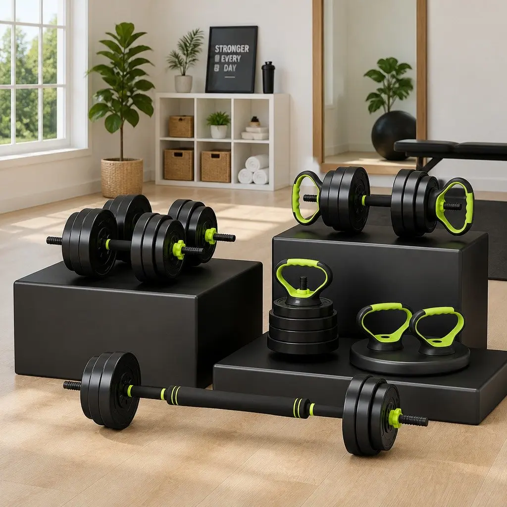 25kg Adjustable Dumbbell Barbell Kettlebell Weight Plates Set Black Green