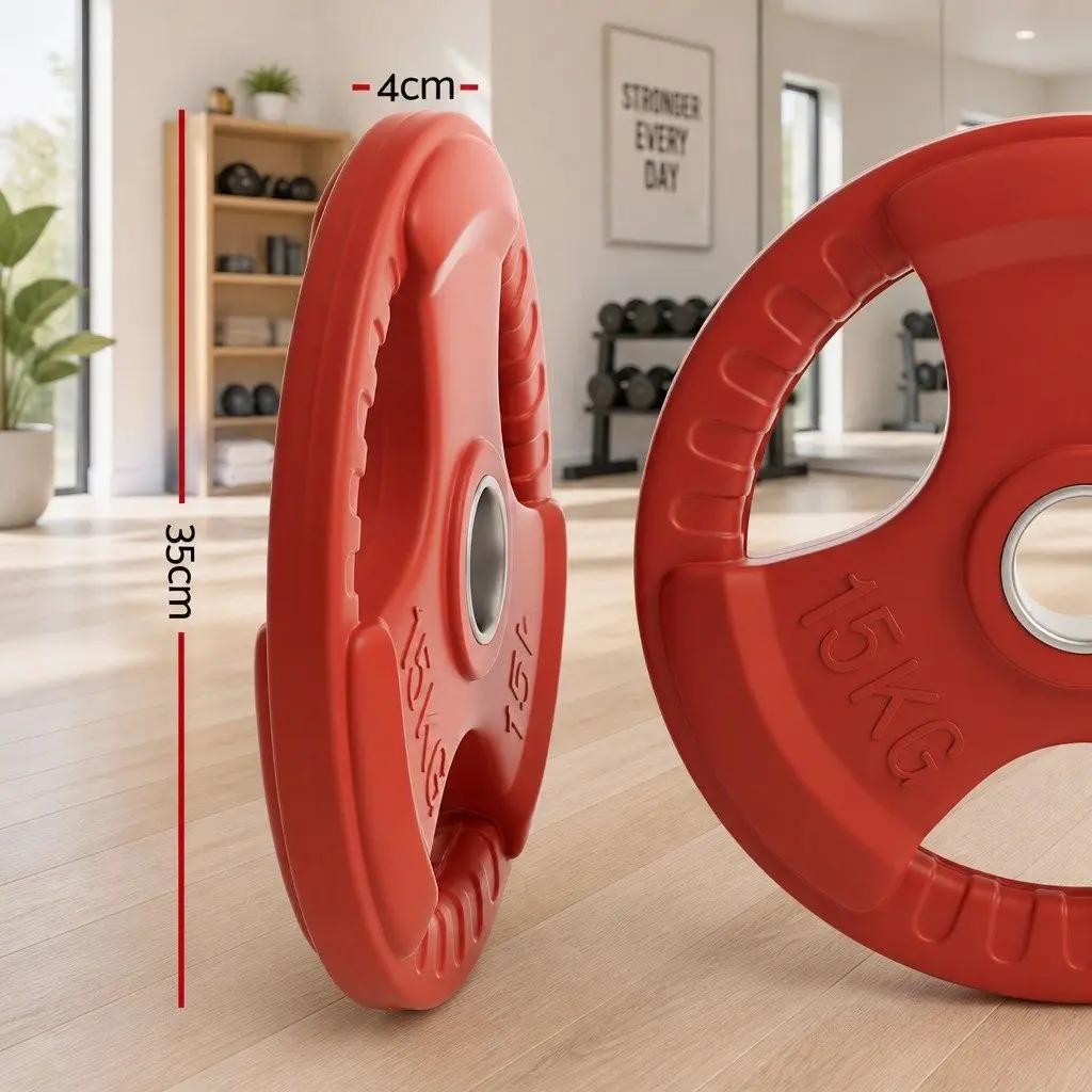 Weight Plate Cast Iron 15kg Red Rubber Coated Three Hole Grip