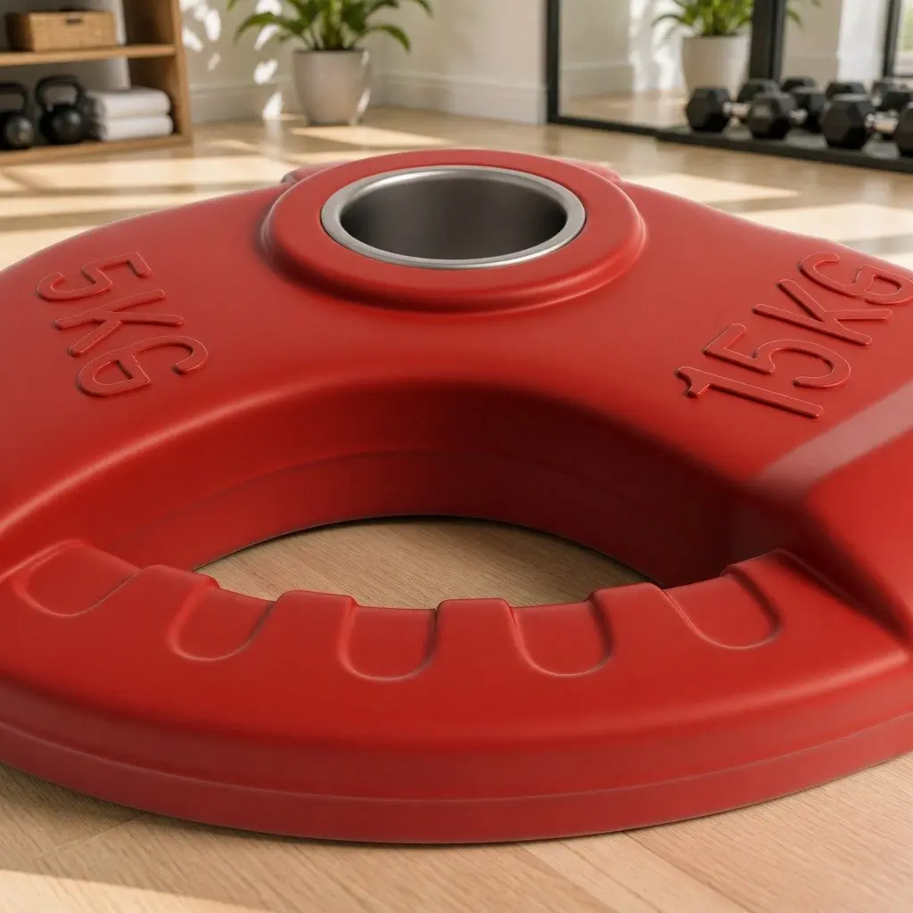 Weight Plate Cast Iron 15kg Red Rubber Coated Three Hole Grip