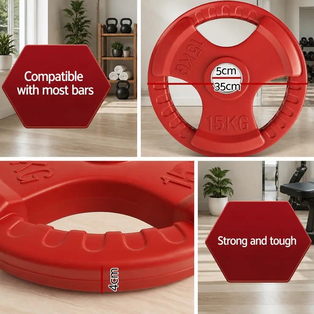 Weight Plate Cast Iron 15kg Red Rubber Coated Three Hole Grip