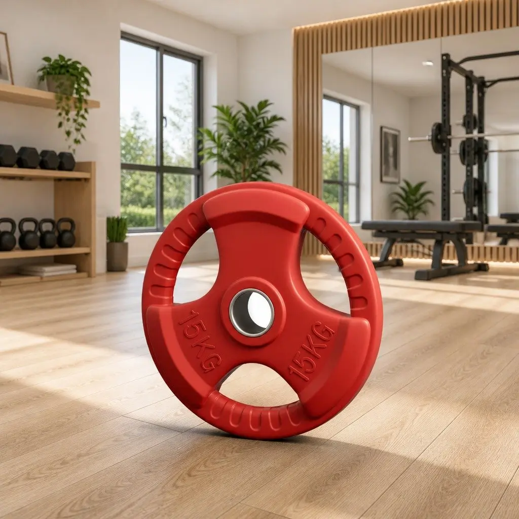 Weight Plate Cast Iron 15kg Red Rubber Coated Three Hole Grip
