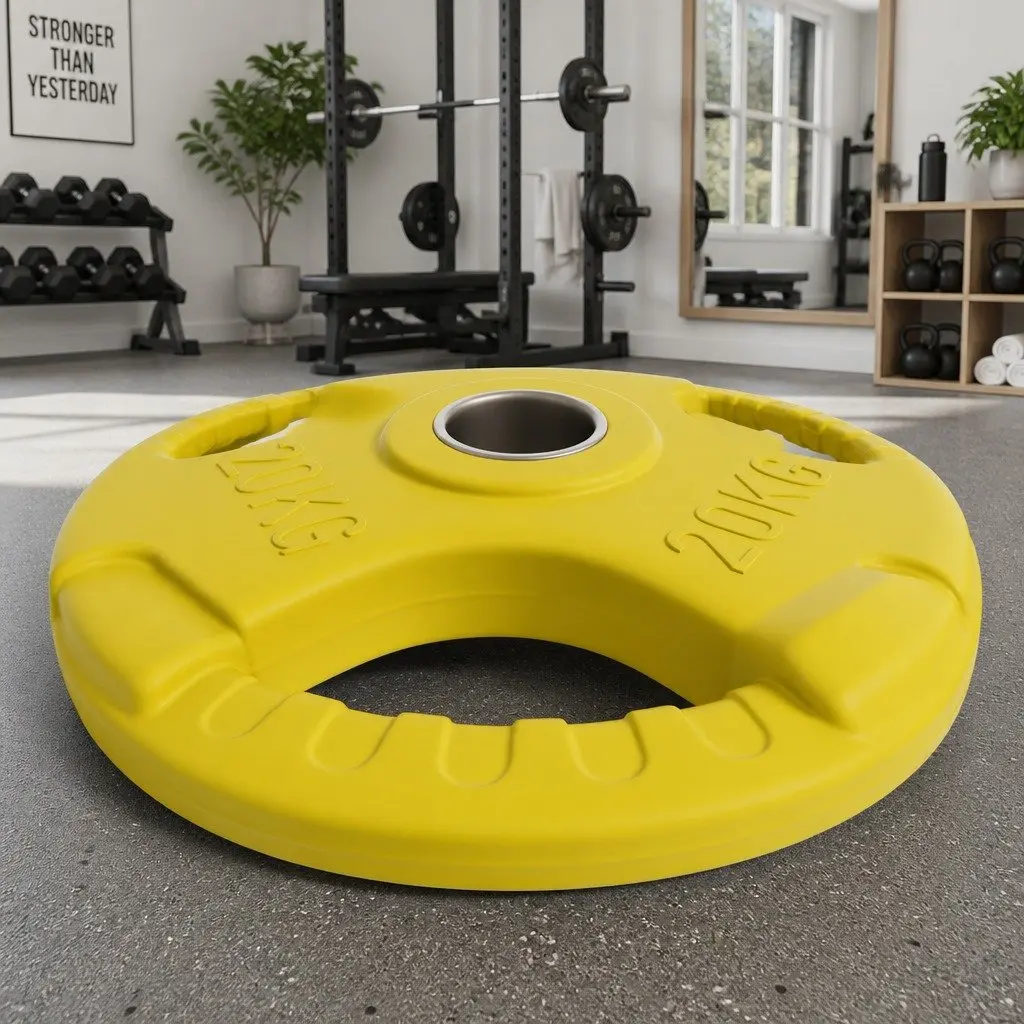 20kg Olympic Weight Plate Cast Iron Yellow Rubber Coated 40cm for Home Gym Lifting