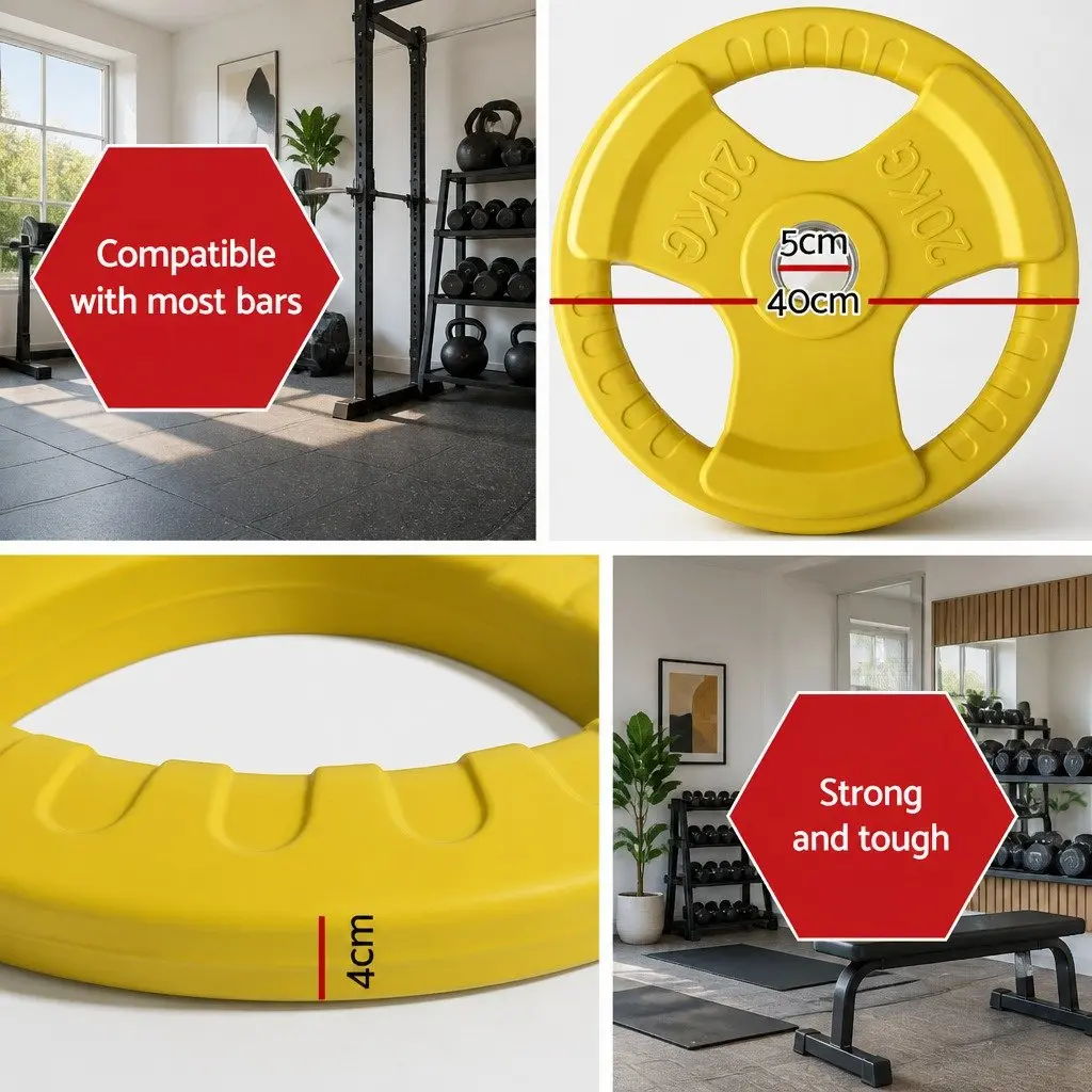 20kg Olympic Weight Plate Cast Iron Yellow Rubber Coated 40cm for Home Gym Lifting