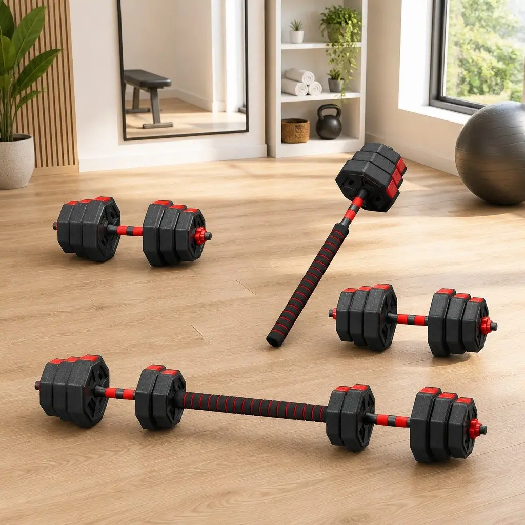 Adjustable Dumbbell Barbell Set 20kg 4-in-1 Weight Plates Home Gym Workout
