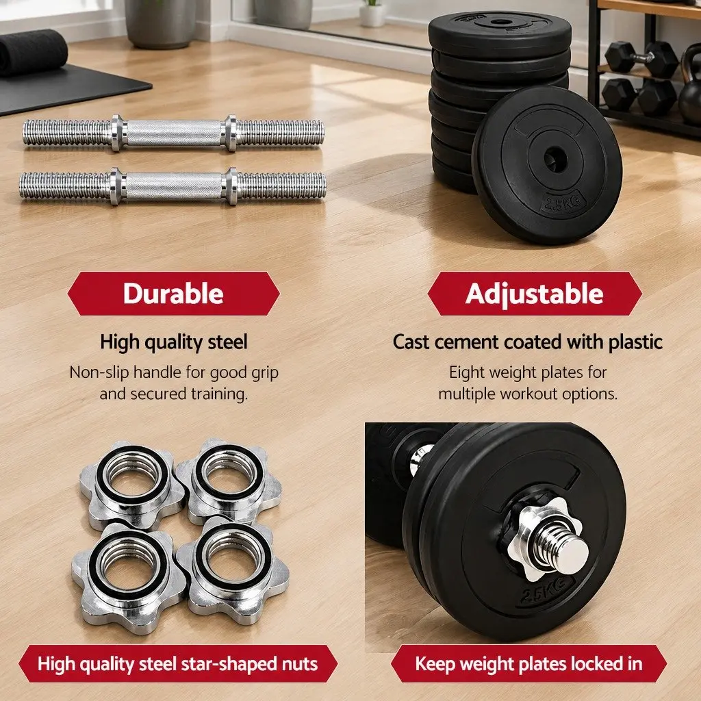 Dumbbell Set 25kg Weight Plates Adjustable Lifting Bar Non-Slip Handle Gym