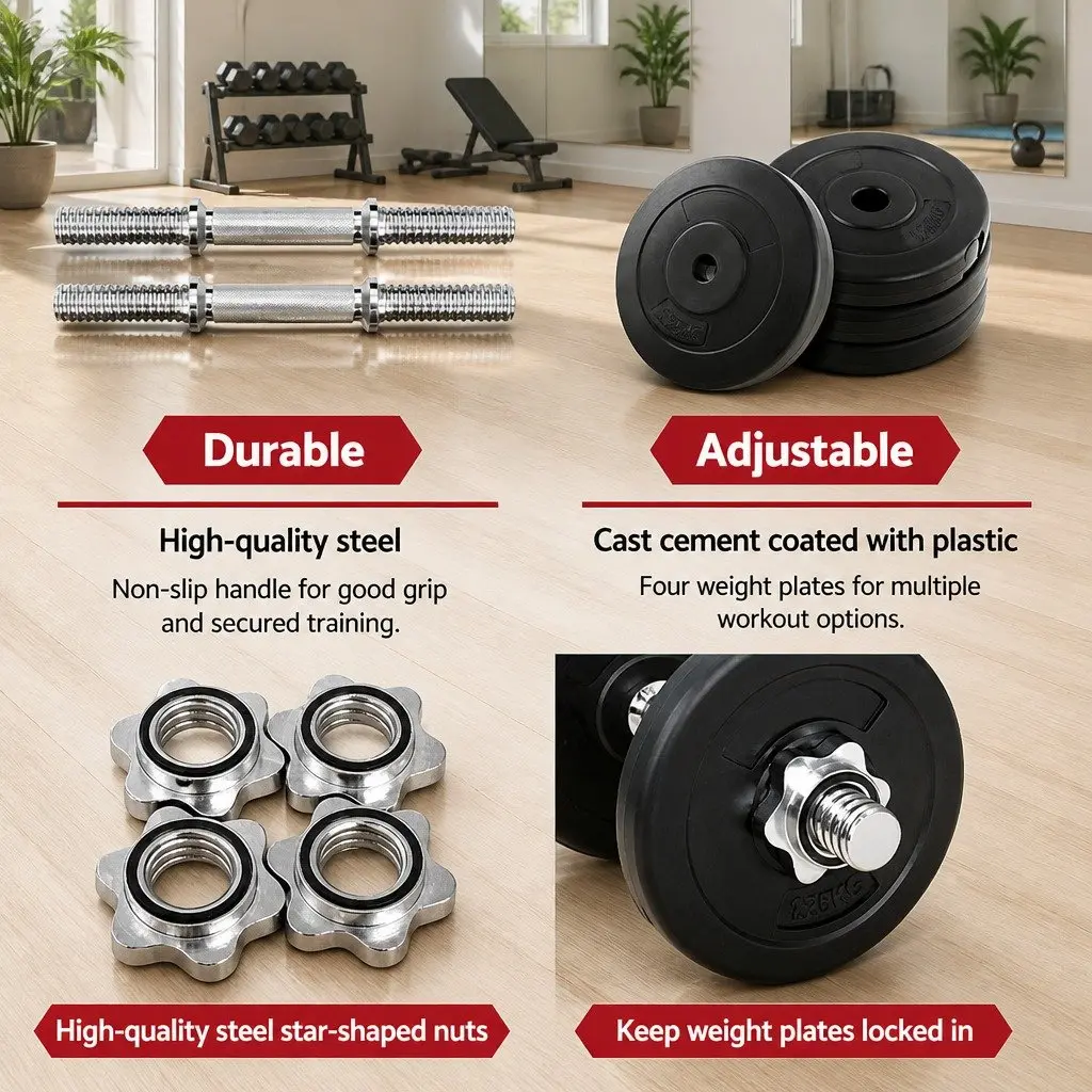 Adjustable Weight Dumbbell Set 10kg Non-Slip Handle Black and Silver Home Gym Fitness