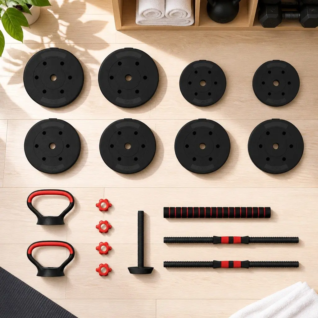 Adjustable Dumbbell Barbell Kettlebell Weight Set 40kg Black and Red