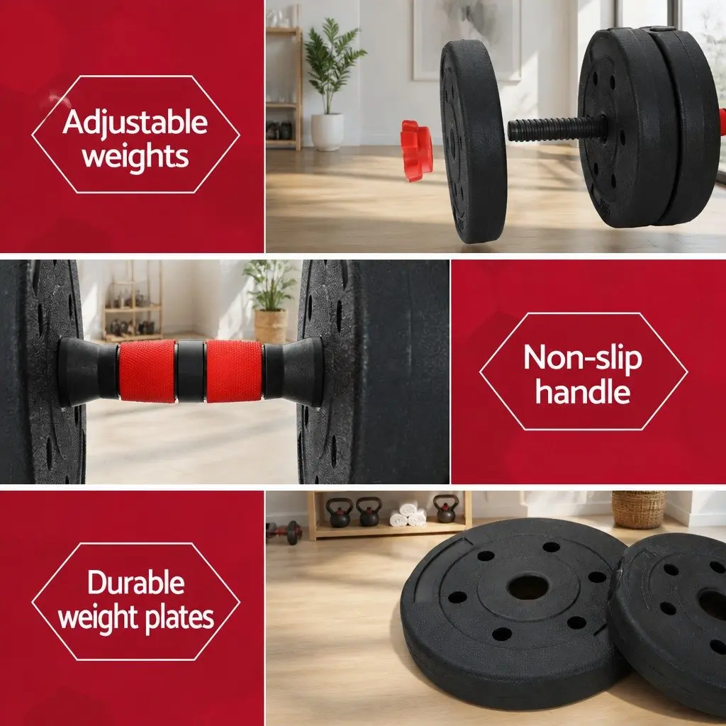 Adjustable Dumbbell Barbell Kettlebell Weight Set 40kg Black and Red