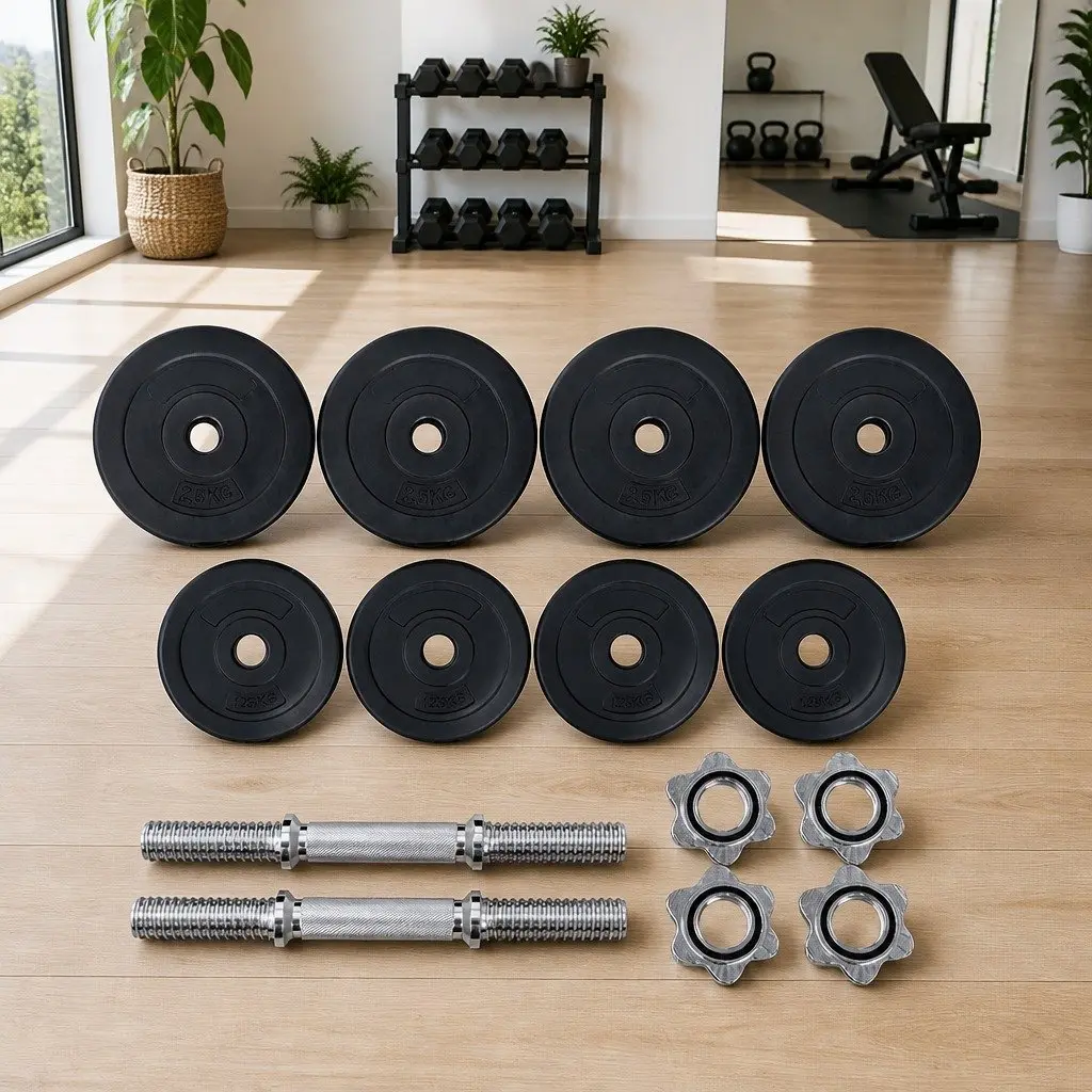20kg Dumbbell Set Adjustable Dumbbells Steel Bar Non-Slip Handle Black and Silver