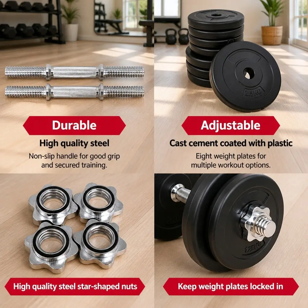 20kg Dumbbell Set Adjustable Dumbbells Steel Bar Non-Slip Handle Black and Silver