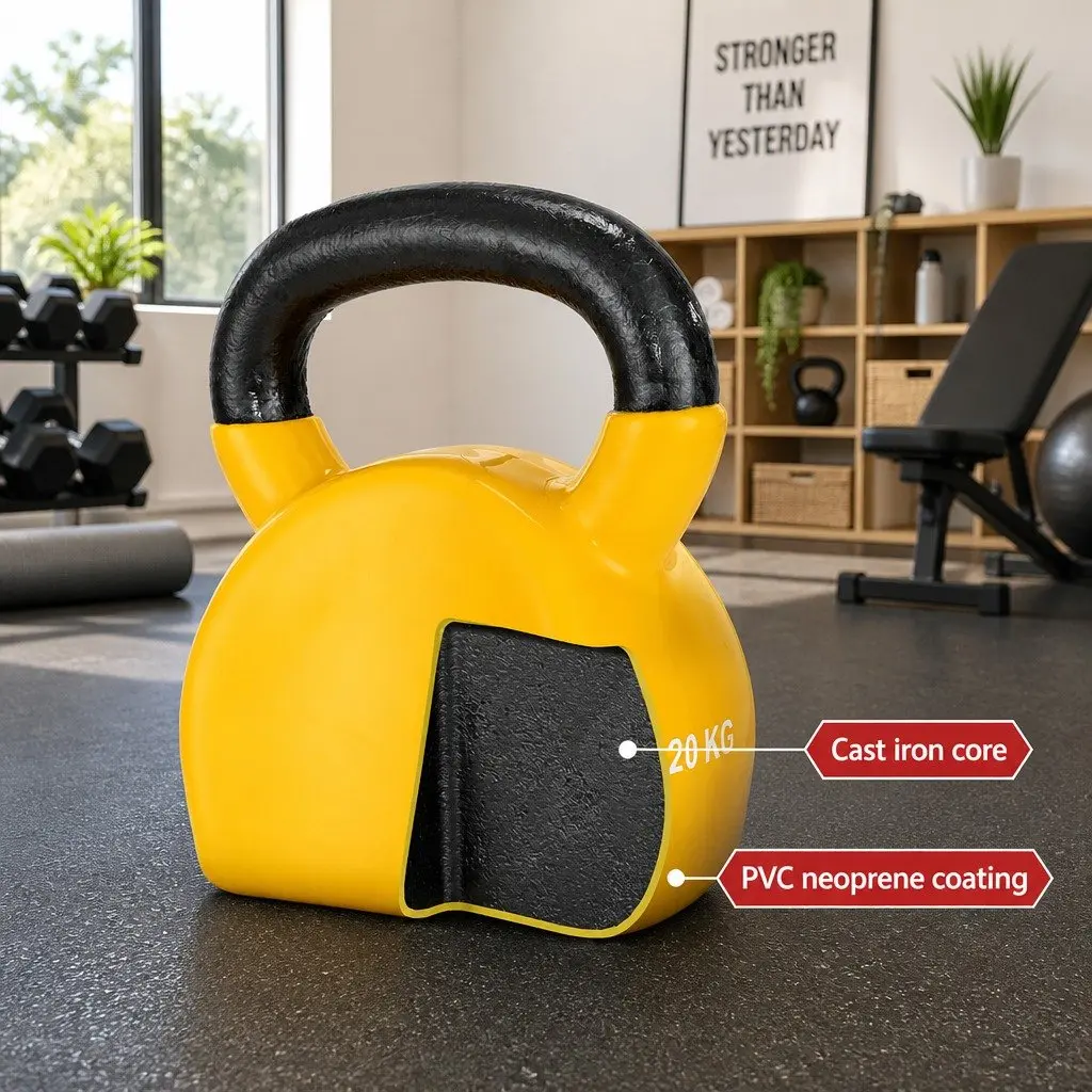 20kg Kettlebell Yellow Cast Iron PVC Neoprene Coating Gym Fitness Weight
