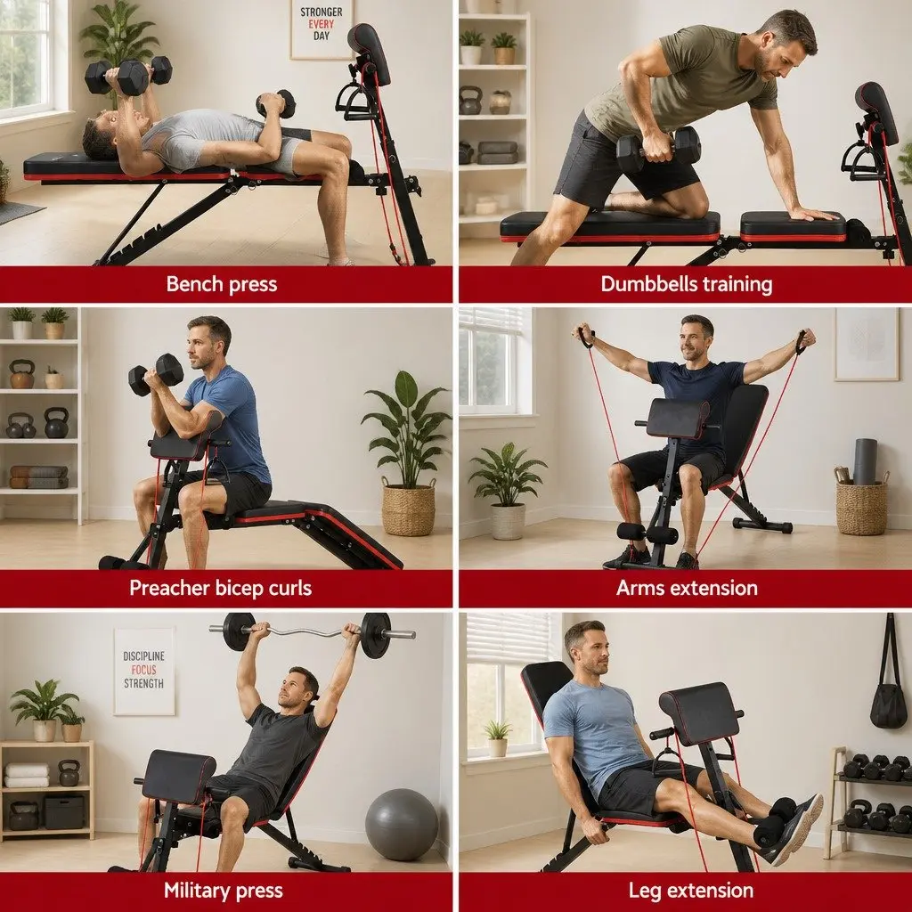 Weight Bench Adjustable Black Heavy-Duty Steel 8 Incline Levels Preacher Curl Attachment Home Gym 128x41x29to100cm 260kg Capacity