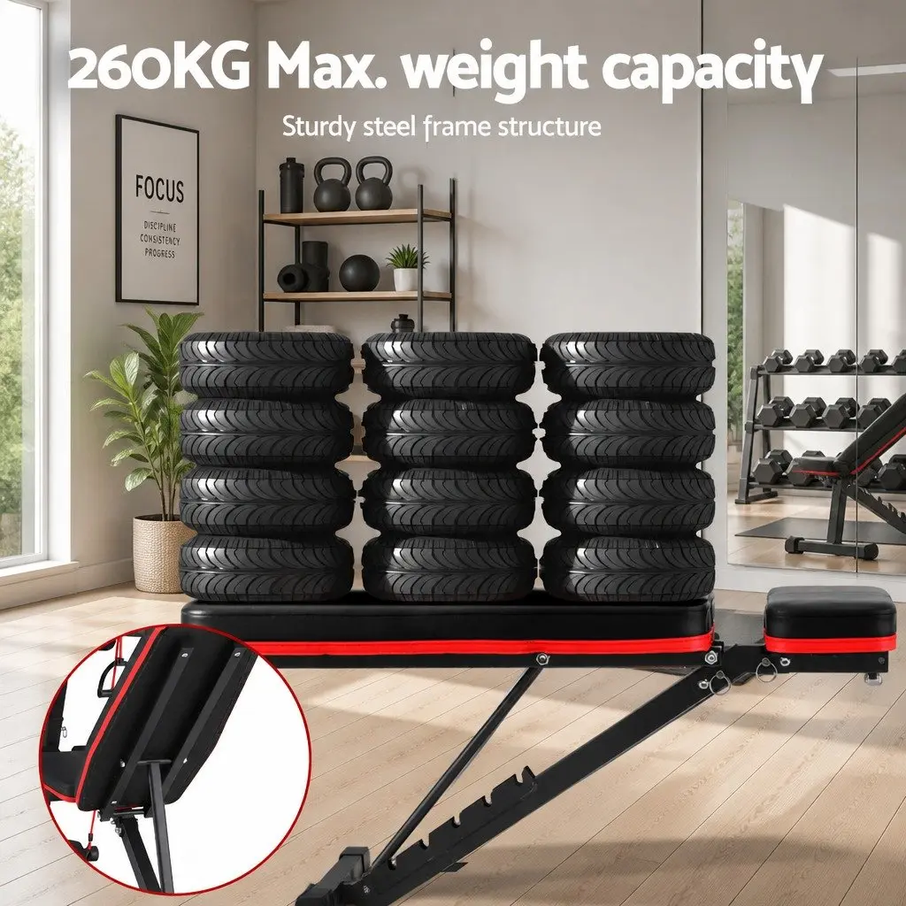 Weight Bench Adjustable Black Heavy-Duty Steel 8 Incline Levels Preacher Curl Attachment Home Gym 128x41x29to100cm 260kg Capacity