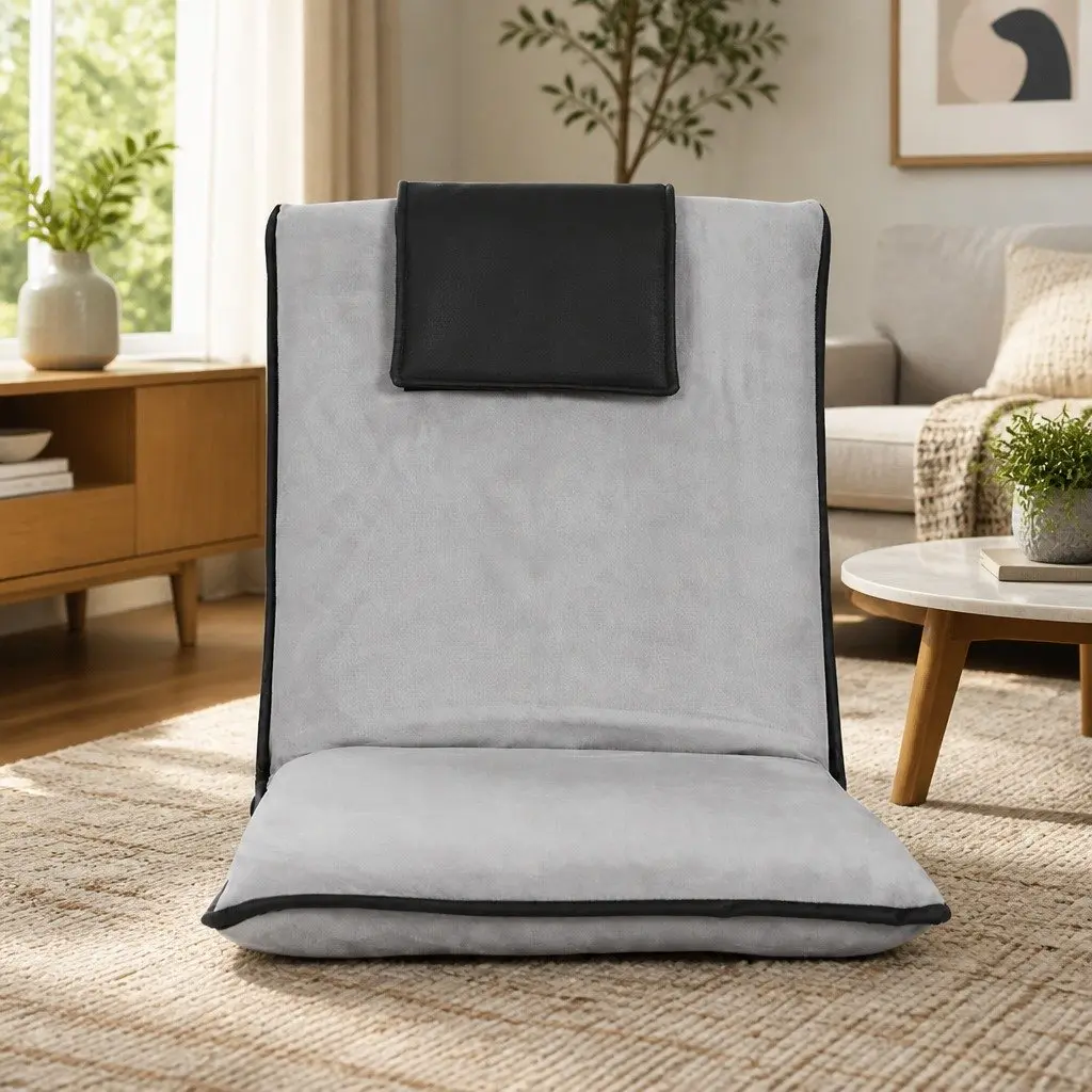 Floor Lounge Sofa Bed Recliner Chair Flocking Fabric and Linen Adjustable Backrest Grey and Black