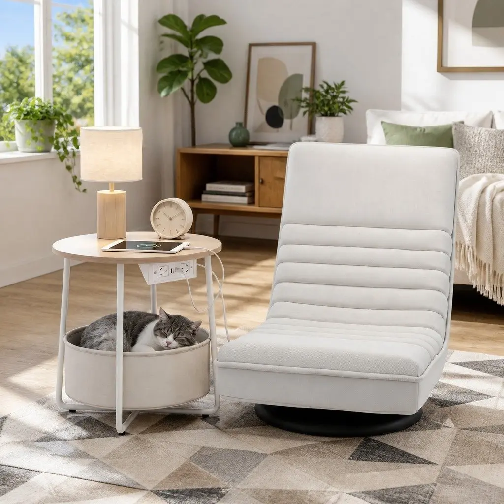 Floor Lounge Chair Faux Linen Fabric 45cm White with Round Coffee Table Charging Station 45cm