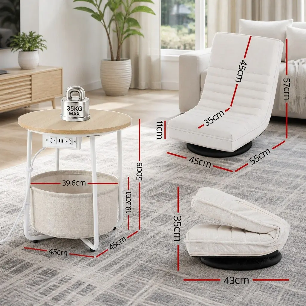 Floor Lounge Chair Faux Linen Fabric 45cm White with Round Coffee Table Charging Station 45cm