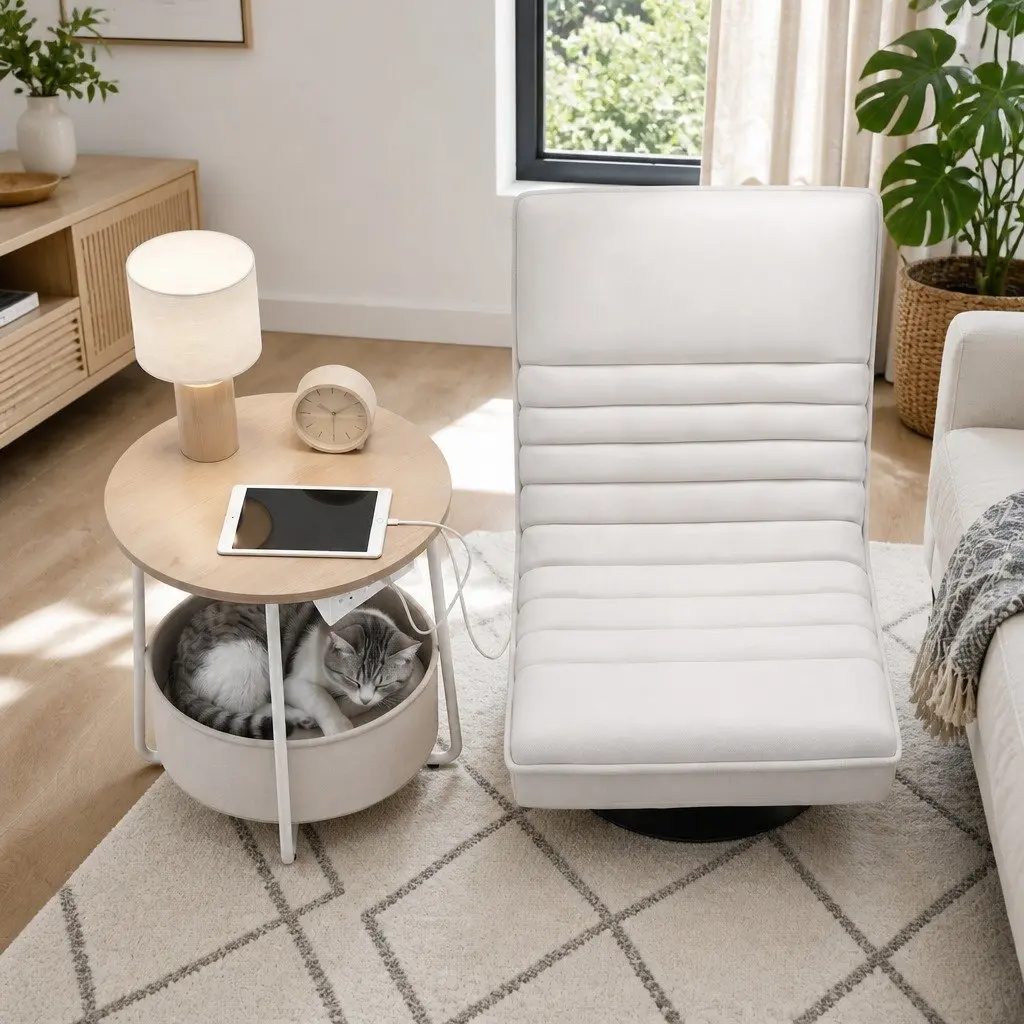 Floor Lounge Chair Faux Linen Fabric 45cm White with Round Coffee Table Charging Station 45cm