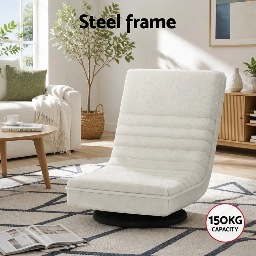 Floor Lounge Chair Faux Linen Fabric 45cm White with Round Coffee Table Charging Station 45cm
