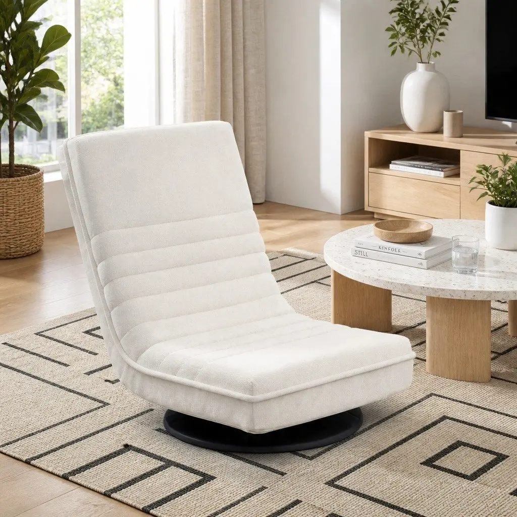 Floor Lounge Chair Faux Linen Fabric 45cm White with Round Coffee Table Charging Station 45cm