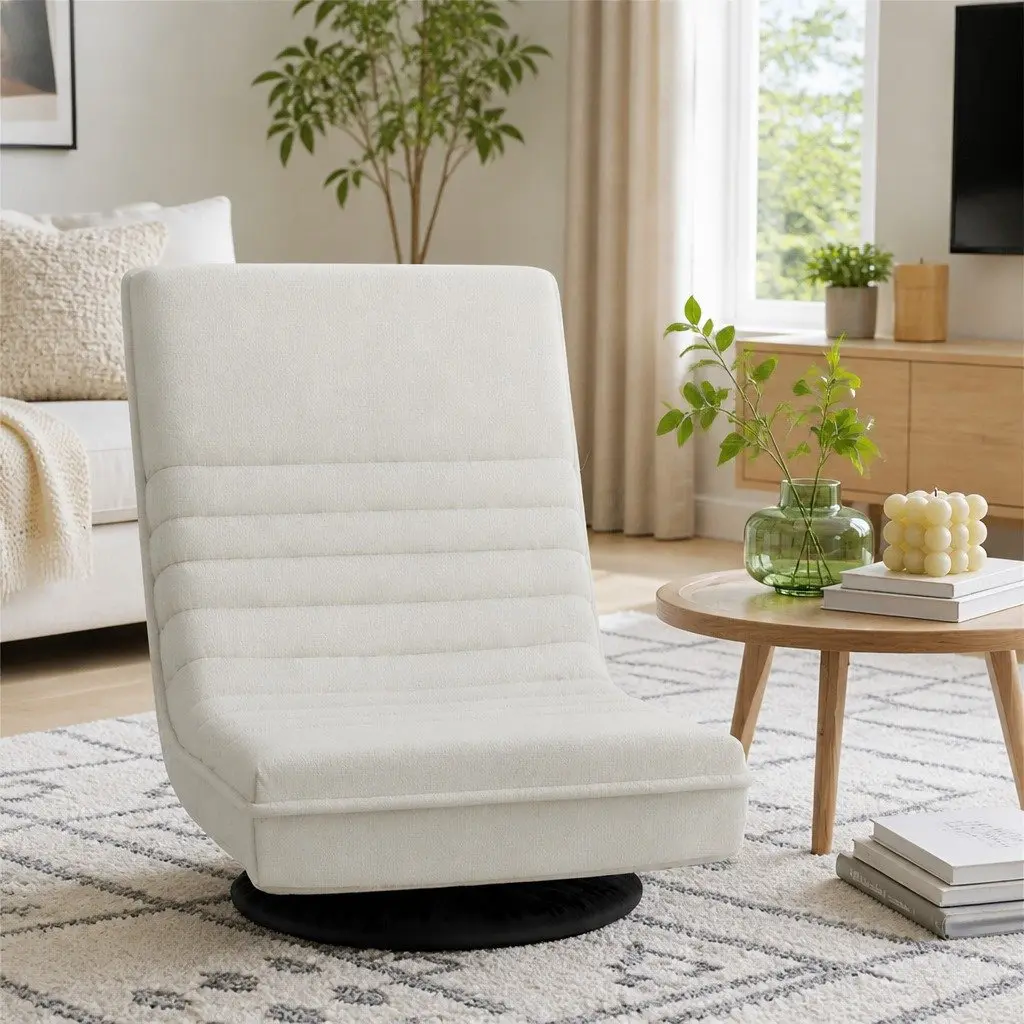 Floor Lounge Chair Faux Linen Fabric 45cm White with Round Coffee Table Charging Station 45cm