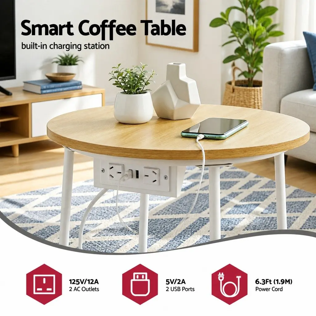 Floor Lounge Chair Faux Linen Fabric 45cm White with Round Coffee Table Charging Station 45cm