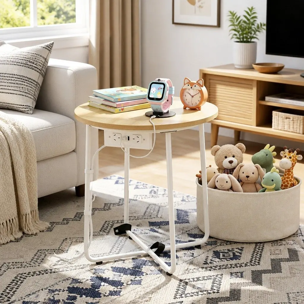 Floor Lounge Chair Faux Linen Fabric 45cm White with Round Coffee Table Charging Station 45cm