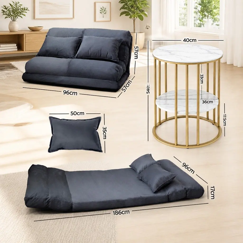 Floor Lounge Sofa Bed with 2 Tier Coffee Table Charcoal Gold or White 186cm x 96cm x 17cm MDF and Metal Frame
