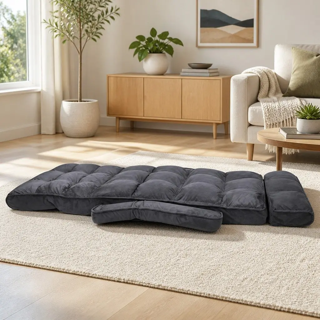 Lounge Sofa Bed with Armrest Adjustable Flocking Fabric Charcoal Floor Chair