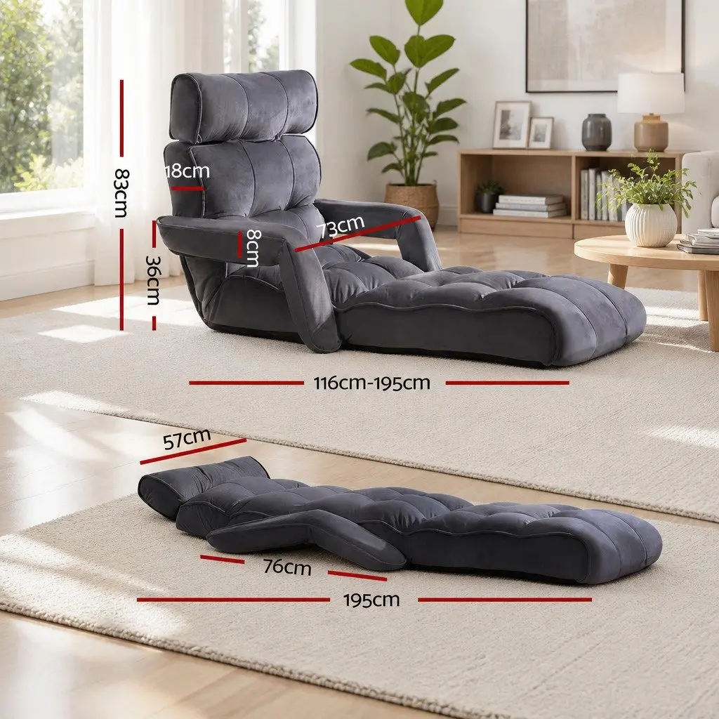 Lounge Sofa Bed with Armrest Adjustable Flocking Fabric Charcoal Floor Chair