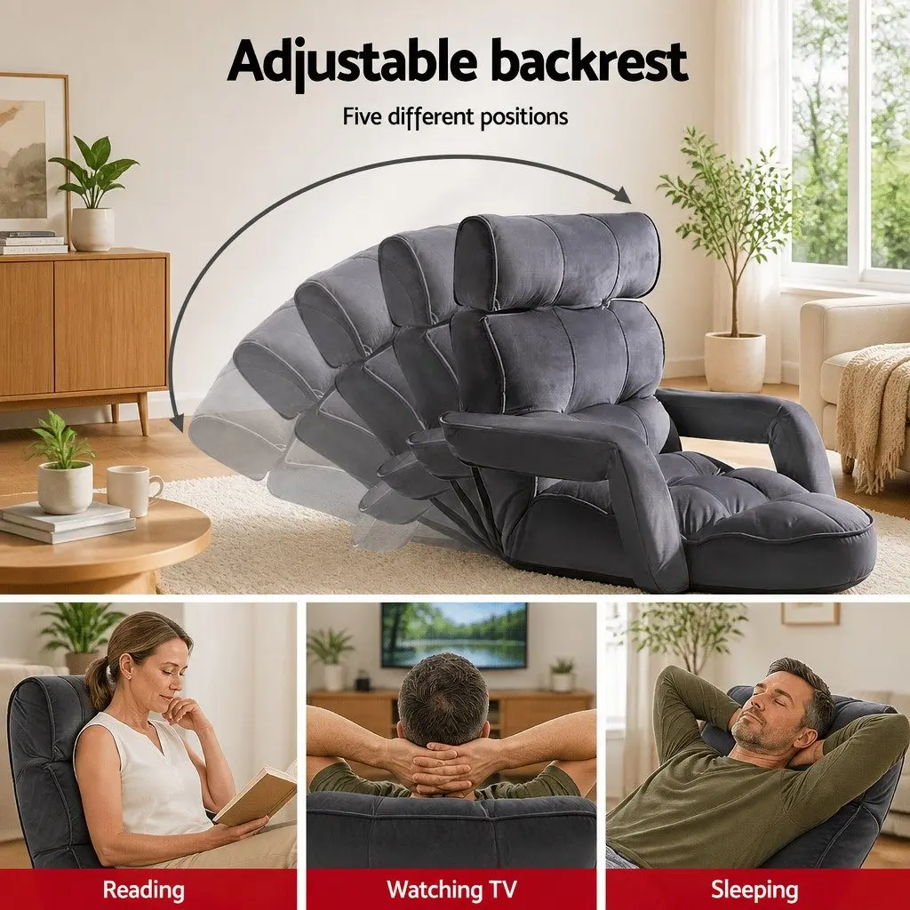 Lounge Sofa Bed with Armrest Adjustable Flocking Fabric Charcoal Floor Chair