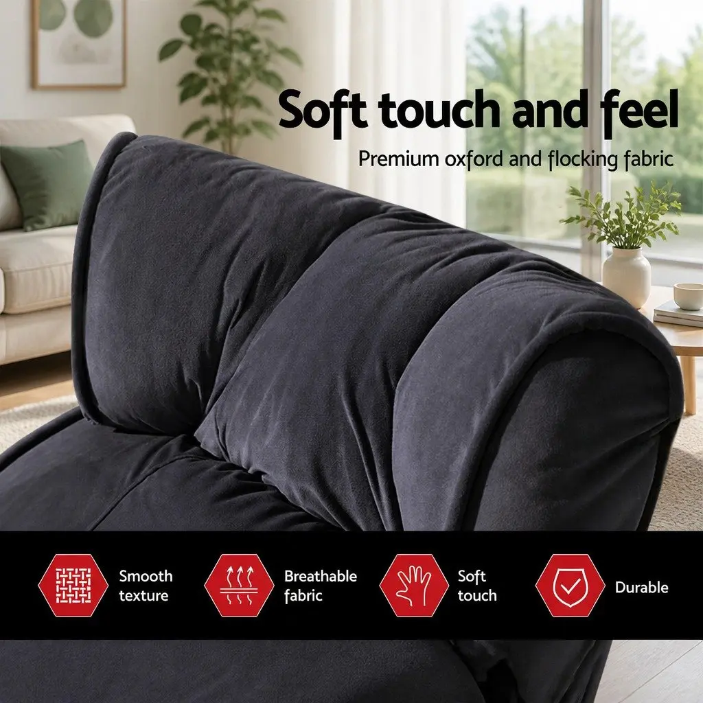 Lounge Sofa Bed with Armrest Adjustable Flocking Fabric Charcoal Floor Chair