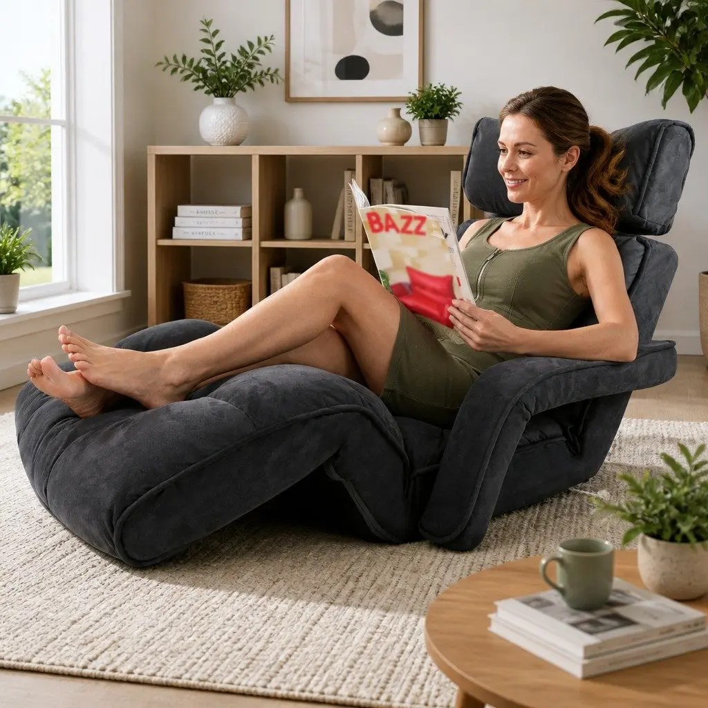 Lounge Sofa Bed with Armrest Adjustable Flocking Fabric Charcoal Floor Chair