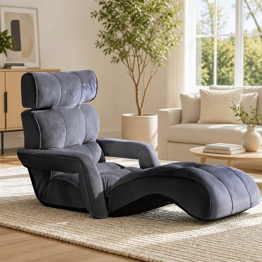 Lounge Sofa Bed with Armrest Adjustable Flocking Fabric Charcoal Floor Chair