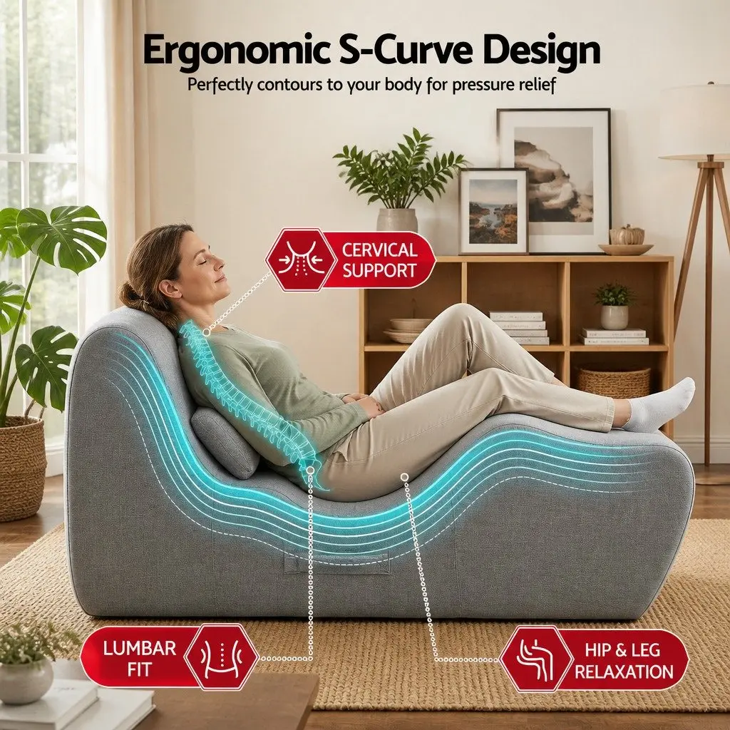 Chaise Lounge Chair Ergonomic S-Curve Boneless Relaxing Seating Grey 150cm x 58cm x 72cm