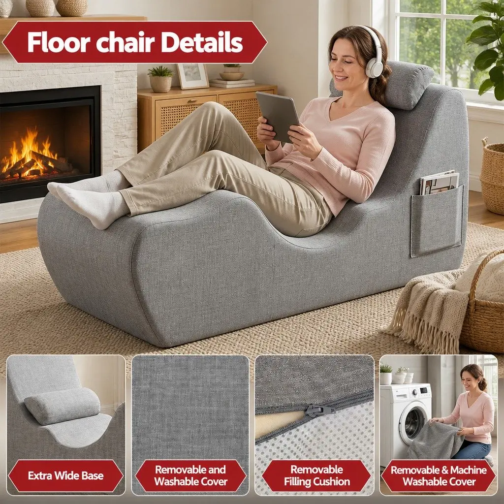 Chaise Lounge Chair Ergonomic S-Curve Boneless Relaxing Seating Grey 150cm x 58cm x 72cm
