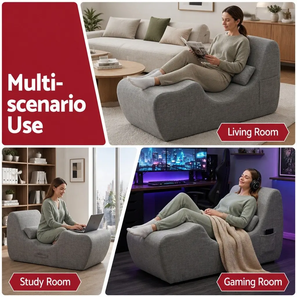 Chaise Lounge Chair Ergonomic S-Curve Boneless Relaxing Seating Grey 150cm x 58cm x 72cm
