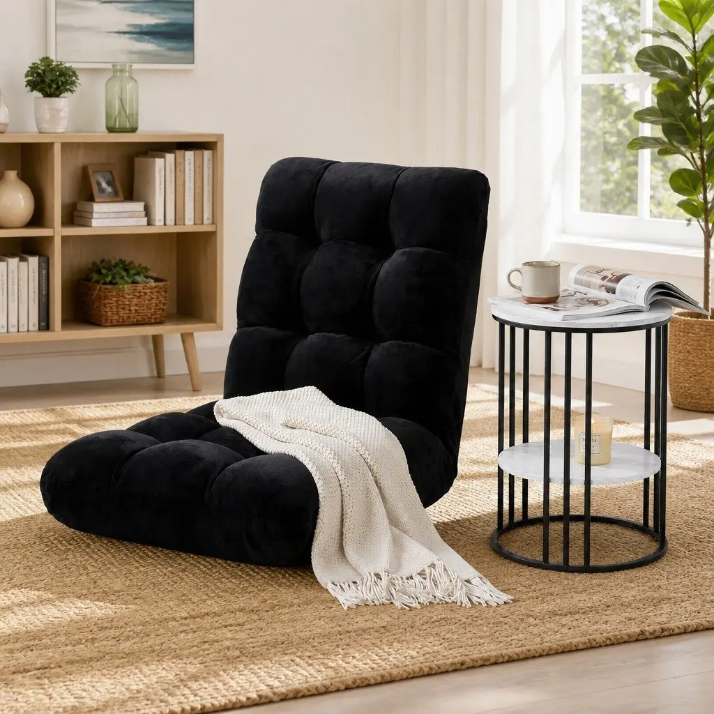 Floor Lounge Chair and 2-Tier Coffee Table Bundle Adjustable Positions Black and White