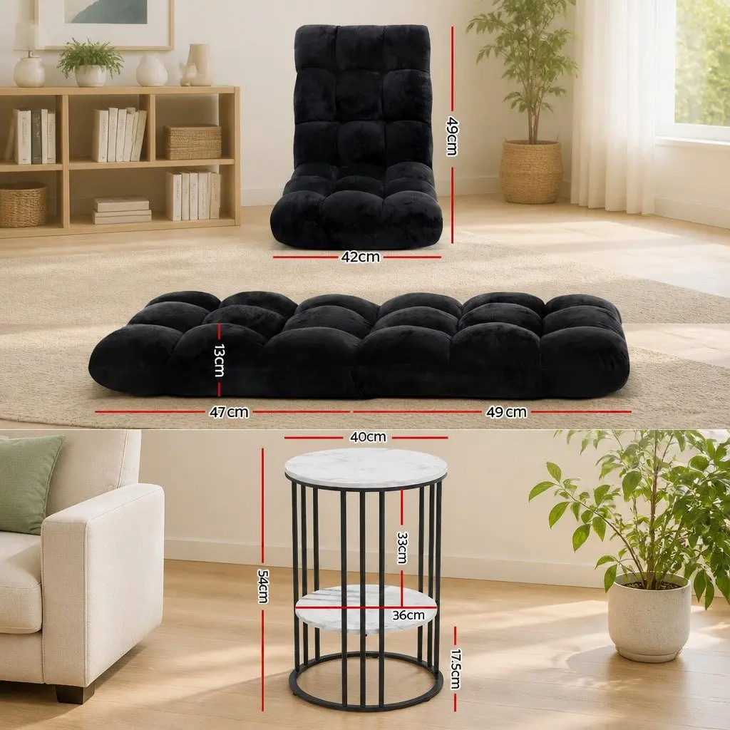 Floor Lounge Chair and 2-Tier Coffee Table Bundle Adjustable Positions Black and White
